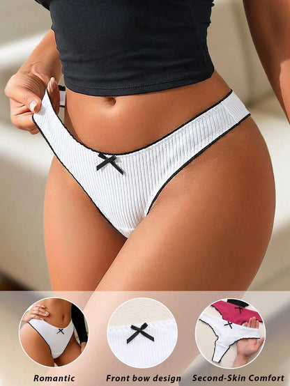 Paquete de 5 bragas tipo tanga de mujer con lazo y rayas de cintura baja, ropa interior elástica suave y cómoda, uso diario de moda