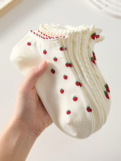 5 pares de calcetines de tobillo blancos para mujer con diseño de fresa, transpirables y antideslizantes, adecuados para primavera y verano, aptos para deportes y ocio