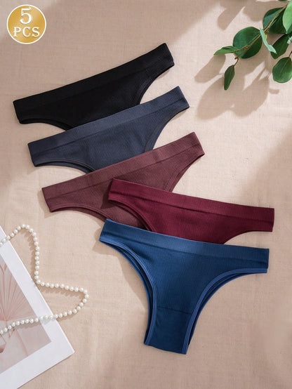 Set de 5 piezas/Paquete de bragas sin costuras de talle súper bajo y cintura moldeada de punto, multicolor