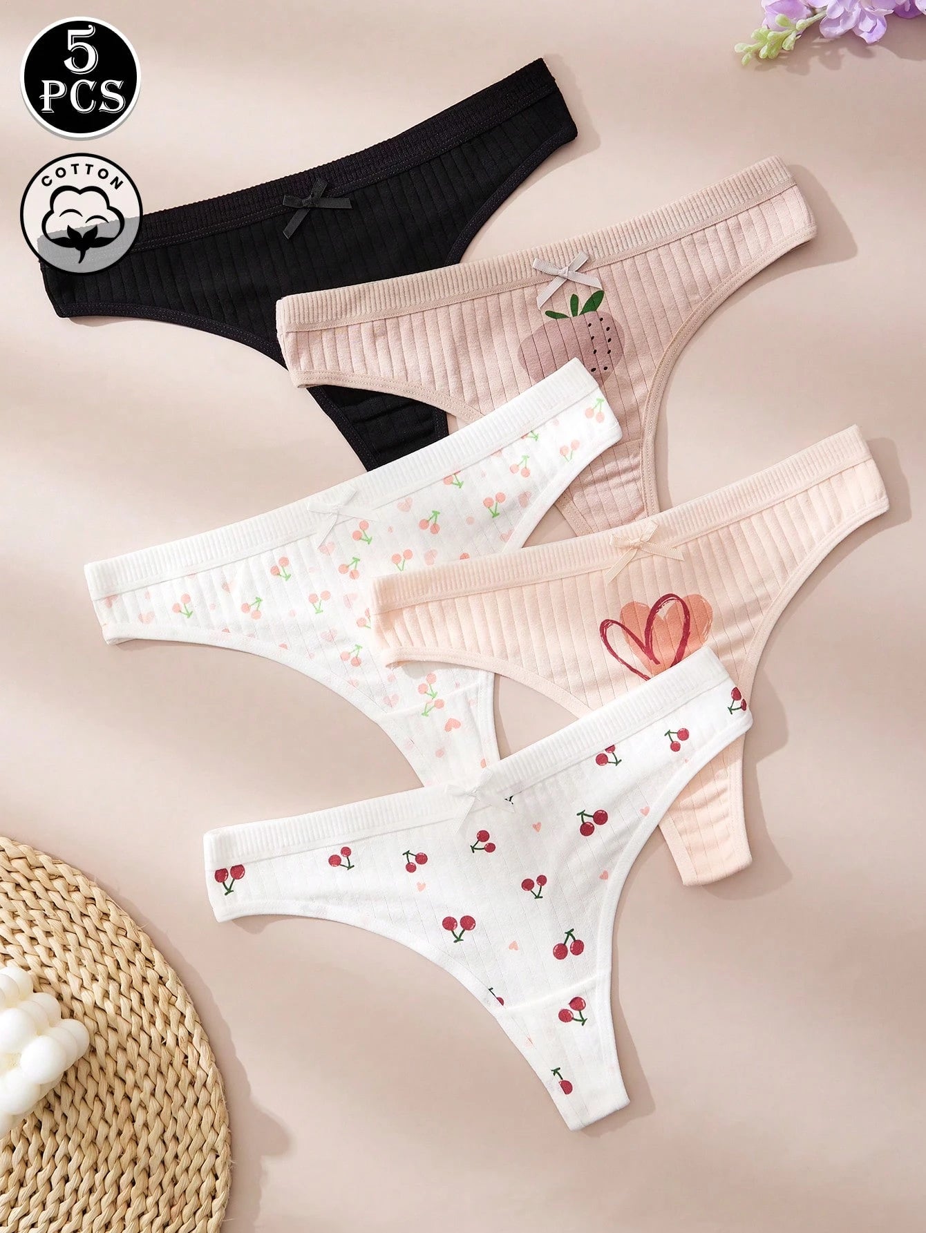 5 piezas Bragas minimalistas y lindas de algodón para mujer, tanga con bordado floral en relieve