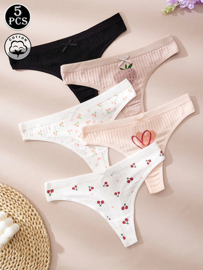 5 piezas Bragas minimalistas y lindas de algodón para mujer, tanga con bordado floral en relieve