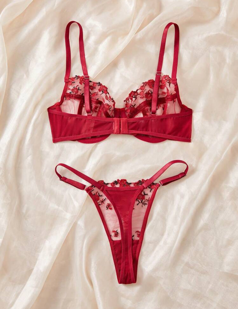 2 piezas Conjunto de lencería sexy con bordado negro y rojo para damas