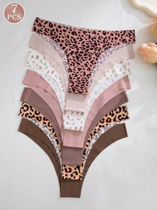 Set de 7 piezas de Bragas tipo bikini de tiro bajo sin costuras con estampado de leopardo y floral, cómodas para mujer