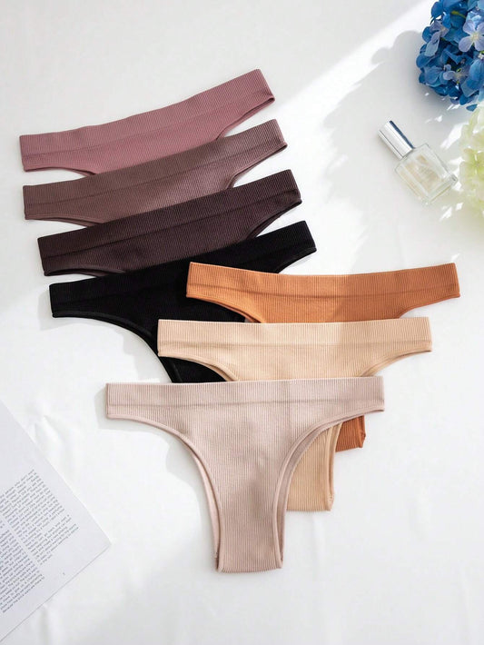 7 piezas/paquete Ropa interior tipo briefs sin costuras de unicolor para damas