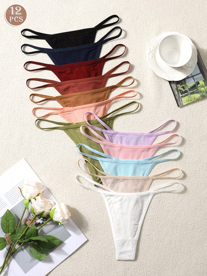 Set de 12 bragas tipo tanga acanaladas de colores variados para mujer