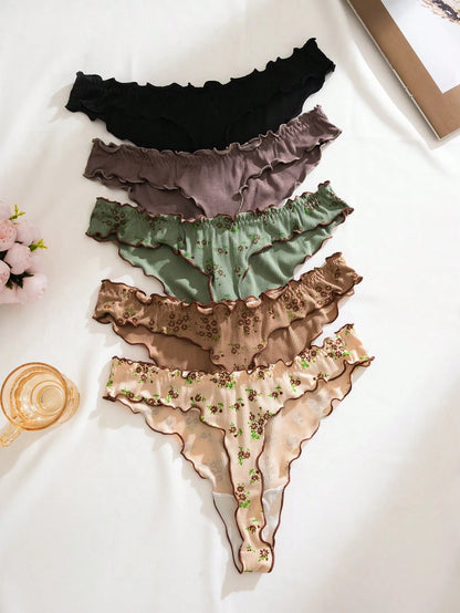 Set de 5 bragas tipo tanga con estampado floral, volantes y tela acanalada sexy