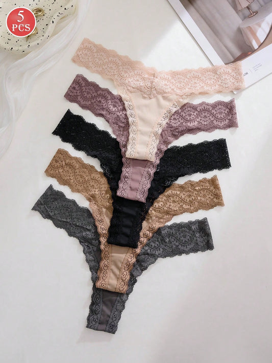 Set de 5 tangas casuales de mujer de cintura baja con parches de encaje de colores múltiples