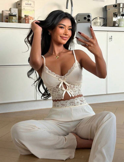 Conjunto de pijama con lazo, ropa de dormir de verano
