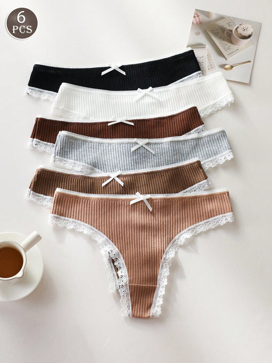Set de 6 piezas de bragas sexy y transpirables para mujer con decoración de moño de algodón