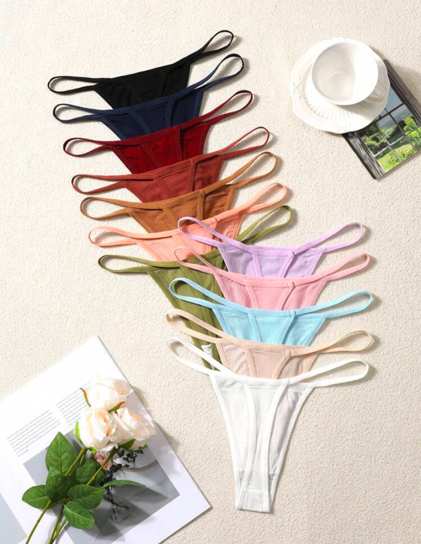 Set de 12 bragas tipo tanga acanaladas de colores variados para mujer