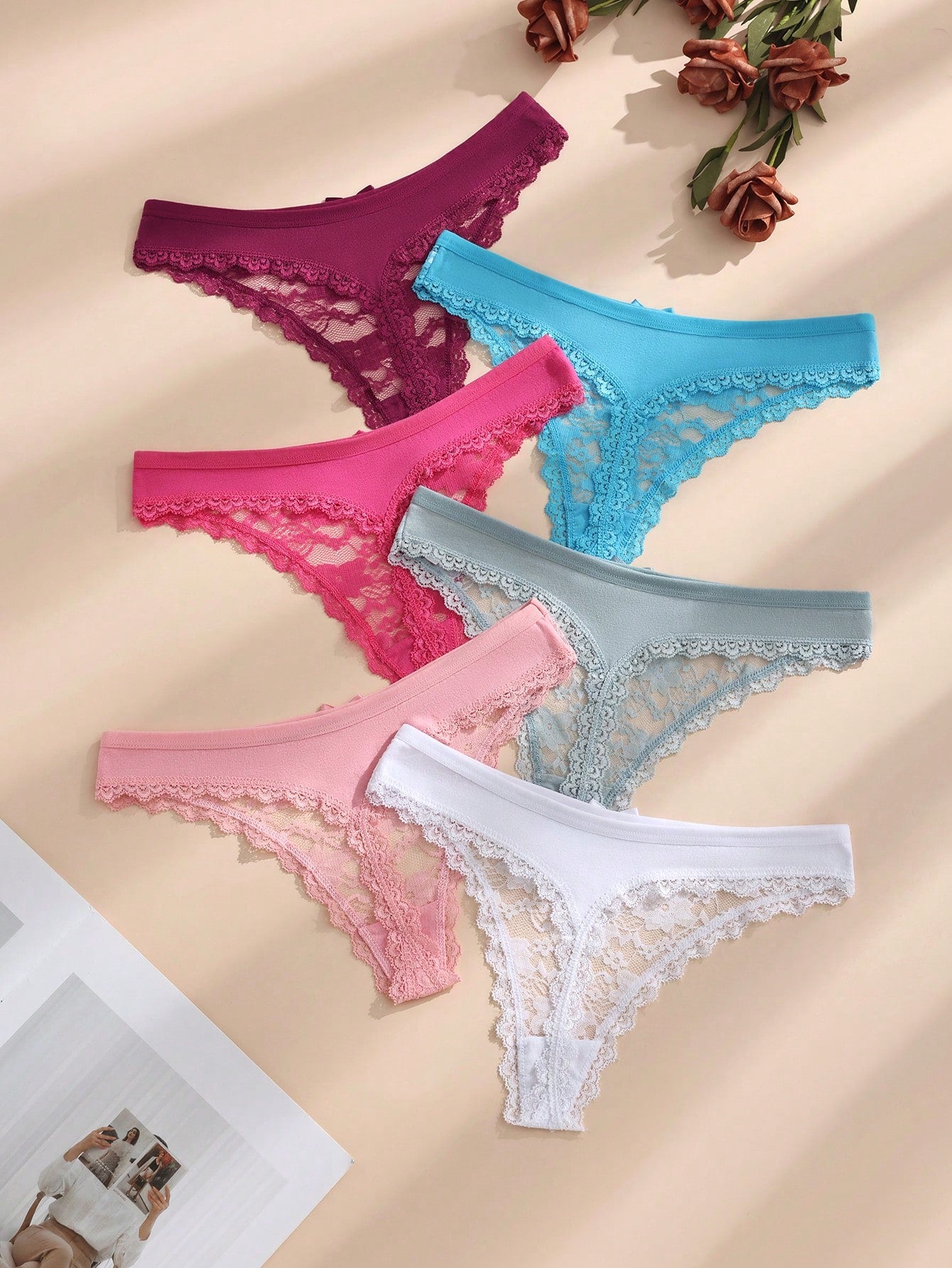 6 piezas/paquete Tanga de mujer con parche de encaje y lazo de unicolor, lencería sexy y cómoda con estiramiento