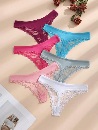 6 piezas/paquete Tanga de mujer con parche de encaje y lazo de unicolor, lencería sexy y cómoda con estiramiento