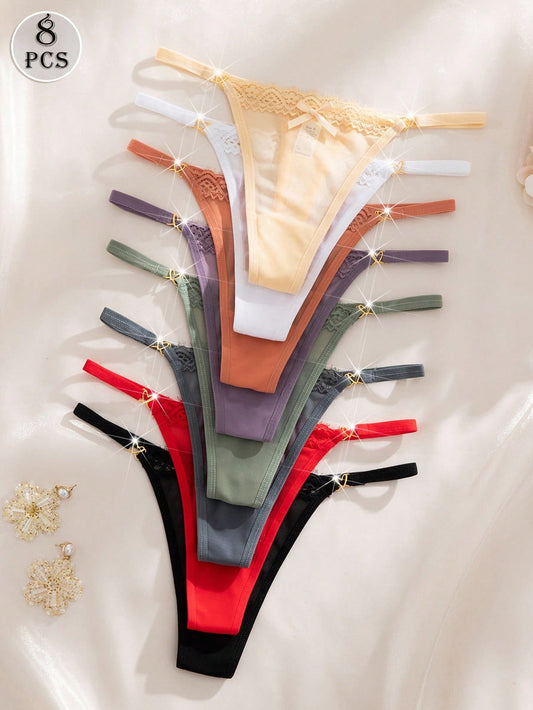 Set de 8 bragas tipo tanga para mujer con encaje y malla romántica en estilo splice