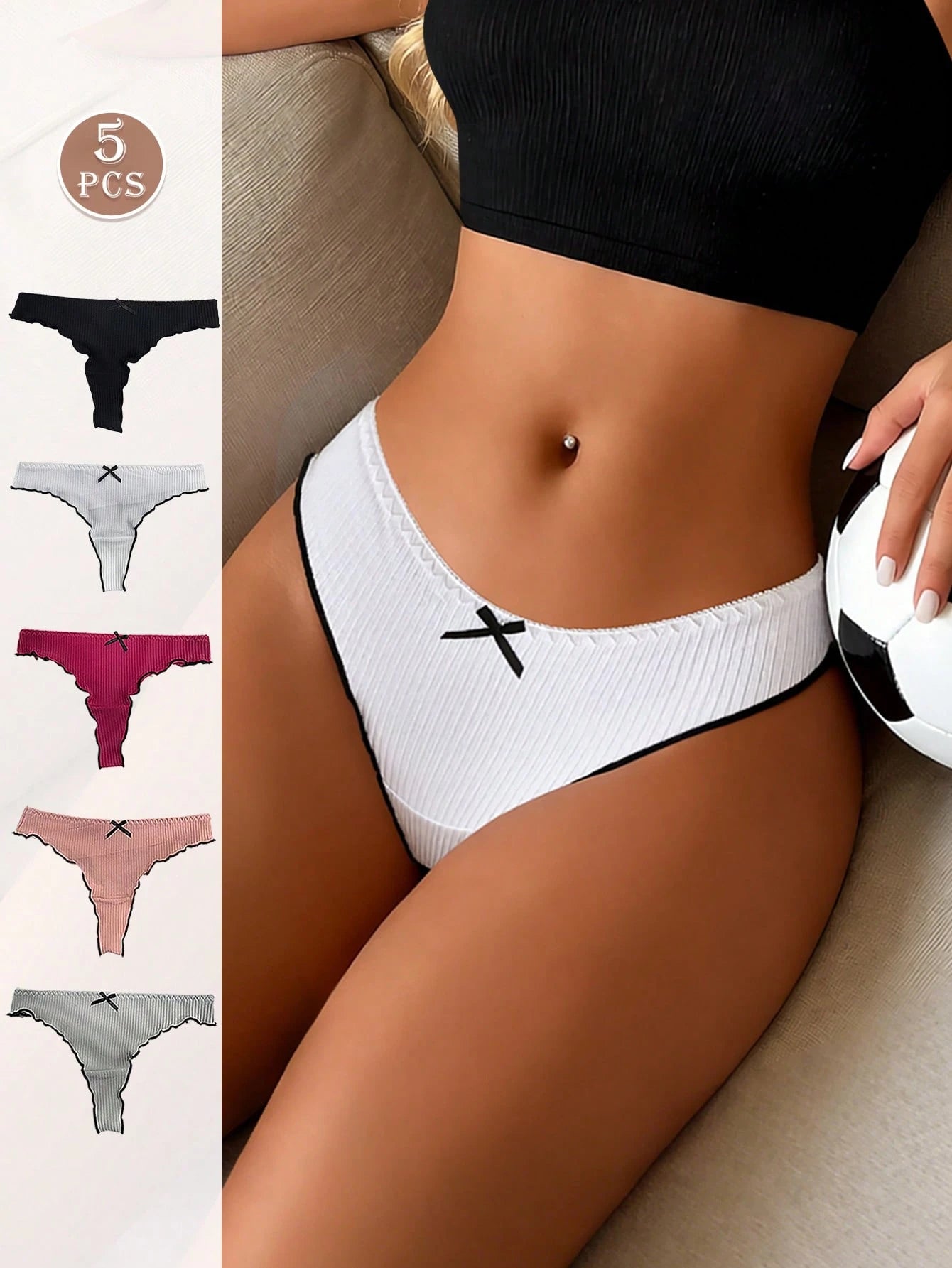 Paquete de 5 bragas tipo tanga de mujer con lazo y rayas de cintura baja, ropa interior elástica suave y cómoda, uso diario de moda
