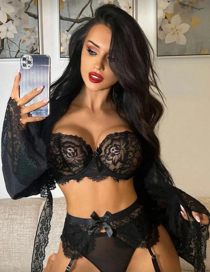 Conjunto de lencería sexy de 6 piezas para mujer, estilo gótico elegante y maduro, que incluye: blusa de encaje y malla holgada, tanga, liguero, 2 anillos para las piernas y bata corta con cordones de encaje largo.