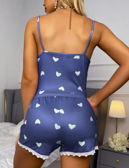 Conjunto de pijama con estampado de corazón ribete con encaje