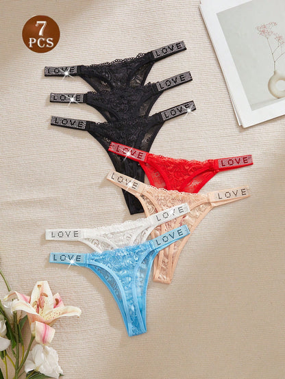 7 piezas Bragas de mujer de tiro bajo, sexy, de encaje floral, caladas, con diamante de imitación, semi-transparentes y cómodas