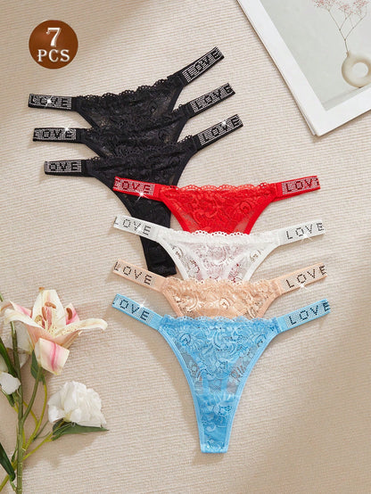 7 piezas Bragas de mujer de tiro bajo, sexy, de encaje floral, caladas, con diamante de imitación, semi-transparentes y cómodas