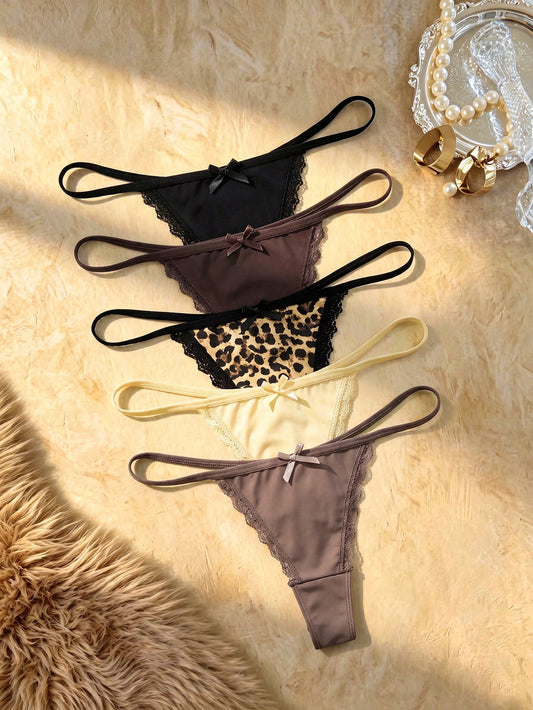 Set de 5 piezas de bragas tipo tanga con estampado de leopardo y parches de encaje con moño para mujer