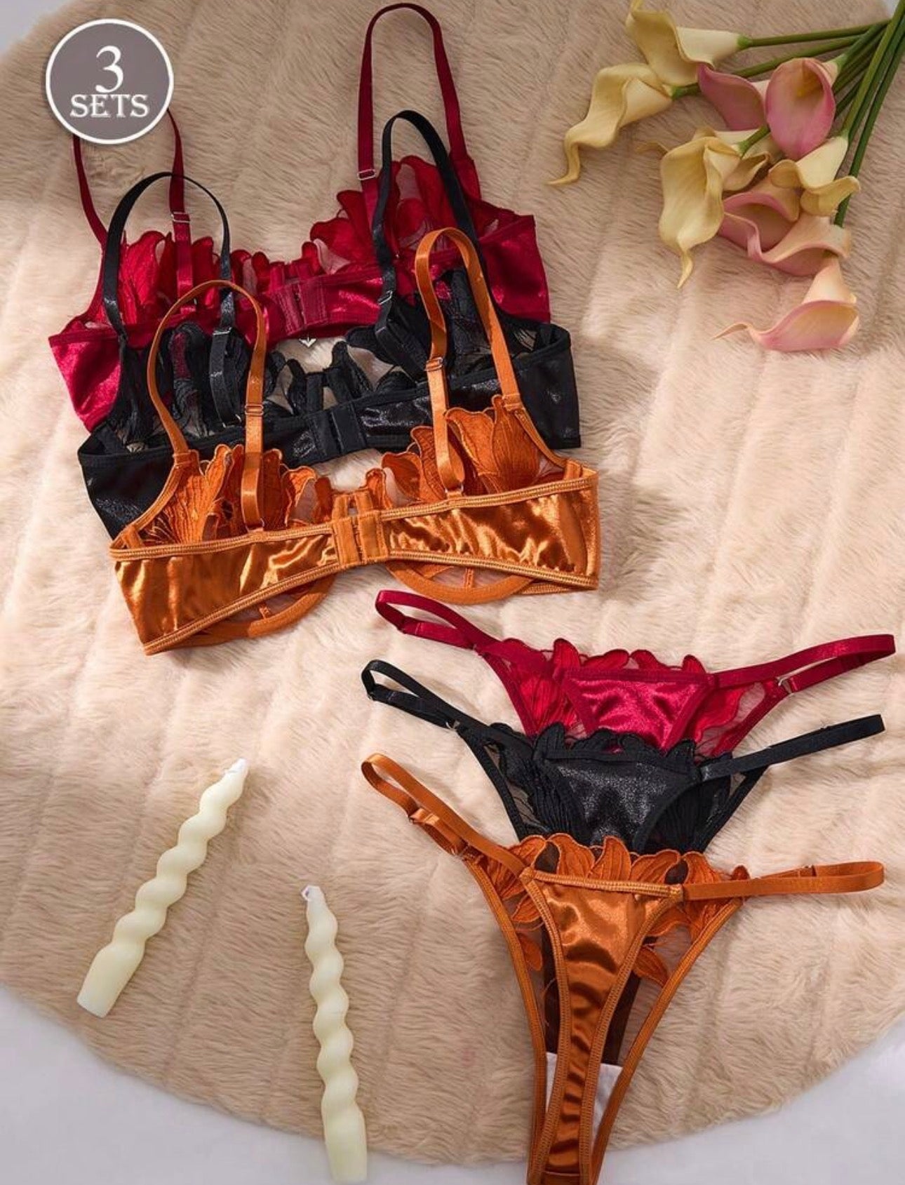 Conjunto x 3 de dos piezas de sujetador para mujer con diseño bordado de flor de lirio en forma de corazón suave panty graduable.