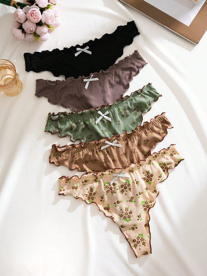 Set de 5 bragas tipo tanga con estampado floral, volantes y tela acanalada sexy
