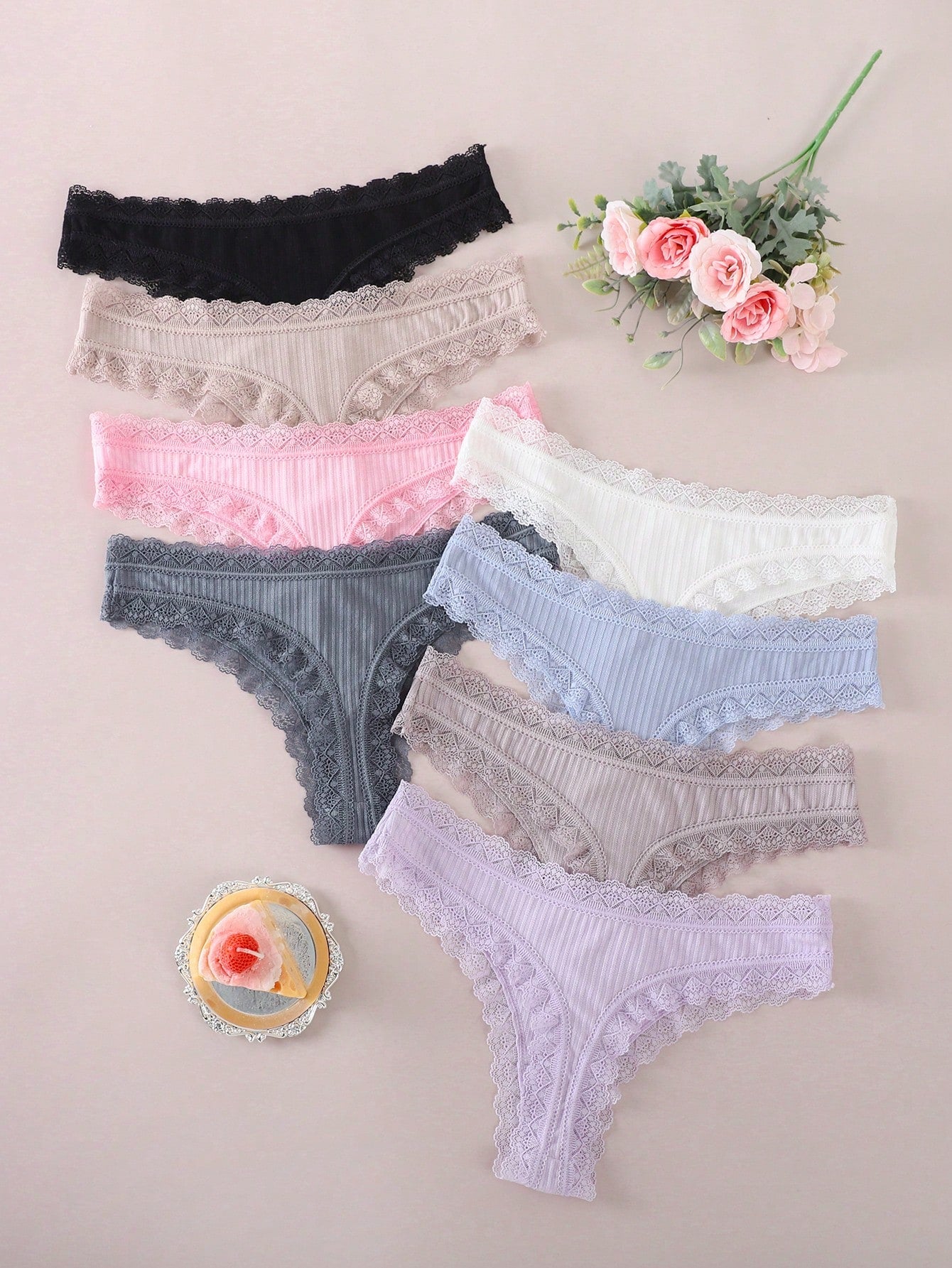 Paquete de 8 tangas de encaje para mujer, ropa interior de encaje versátil y cómoda, tangas de mujer