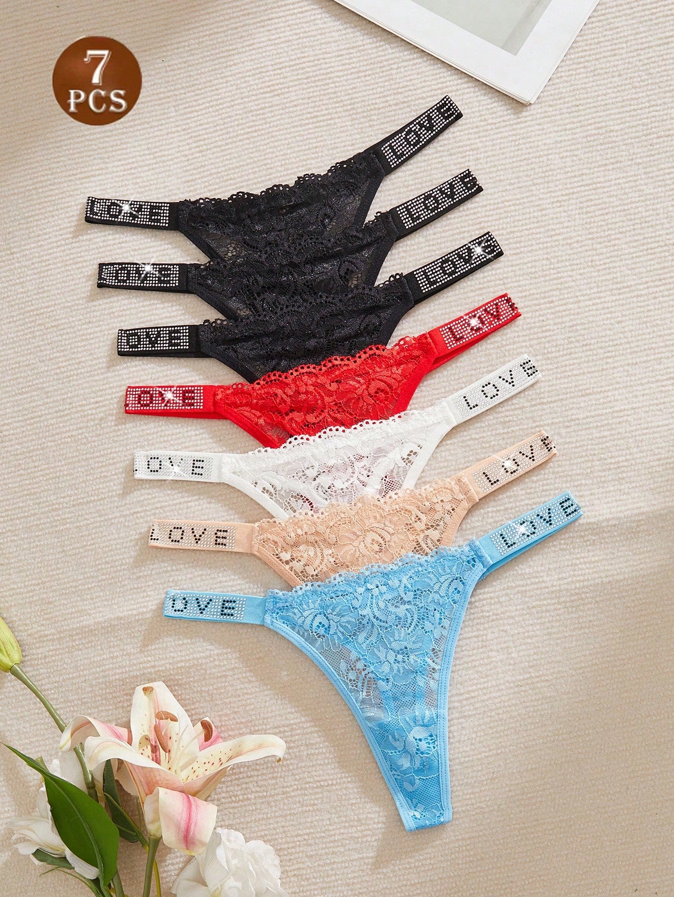 7 piezas Bragas de mujer de tiro bajo, sexy, de encaje floral, caladas, con diamante de imitación, semi-transparentes y cómodas