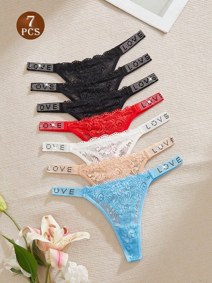 7 piezas Bragas de mujer de tiro bajo, sexy, de encaje floral, caladas, con diamante de imitación, semi-transparentes y cómodas