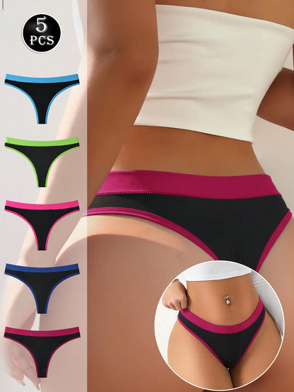 5 piezas de tangas de mujer de cintura baja sin costuras con bloques de color, sexy, elásticas y cómodas
