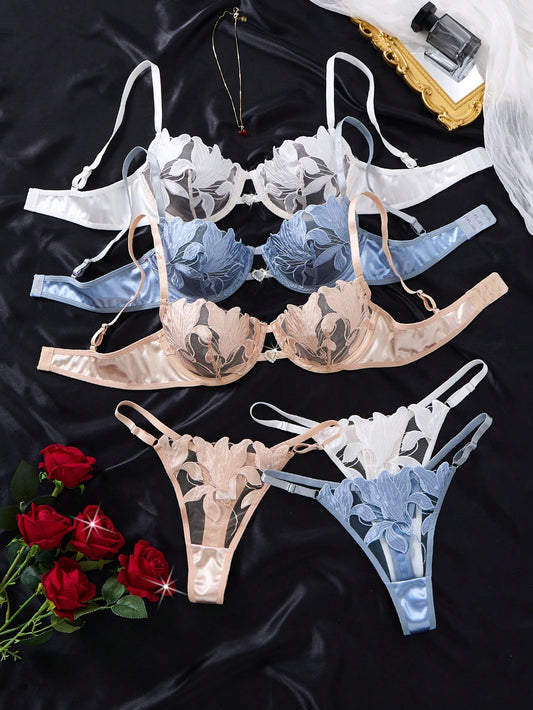 Conjunto x 3 de dos piezas de sujetador para mujer con diseño bordado de flor de lirio en forma de corazón suave panty graduable.