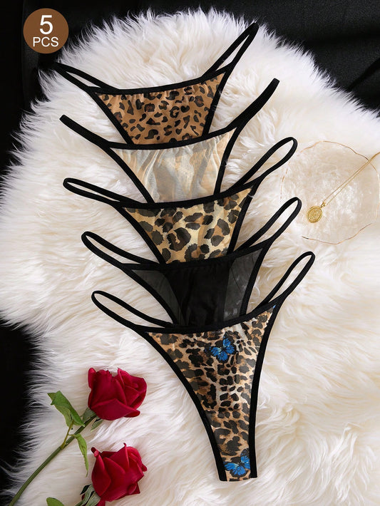 Set de 5 piezas de tangas con estampado de leopardo de cintura baja y diseño sexy
