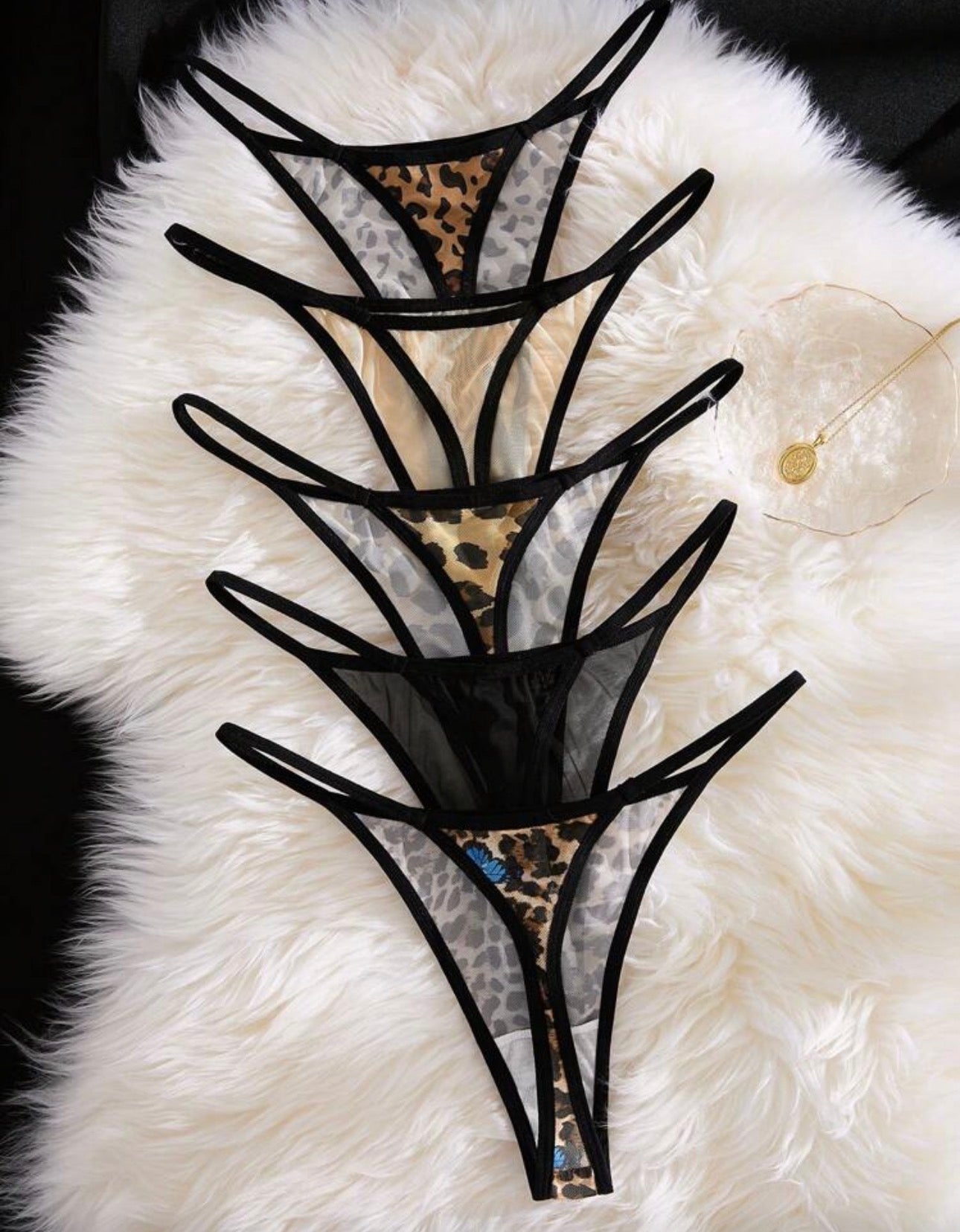 Set de 5 piezas de tangas con estampado de leopardo de cintura baja y diseño sexy