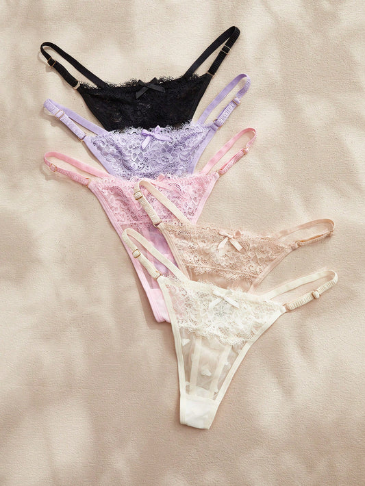 Set de 5 piezas de bragas tipo tanga de encaje de tiro bajo con estampado aleatorio de corazones para mujeres