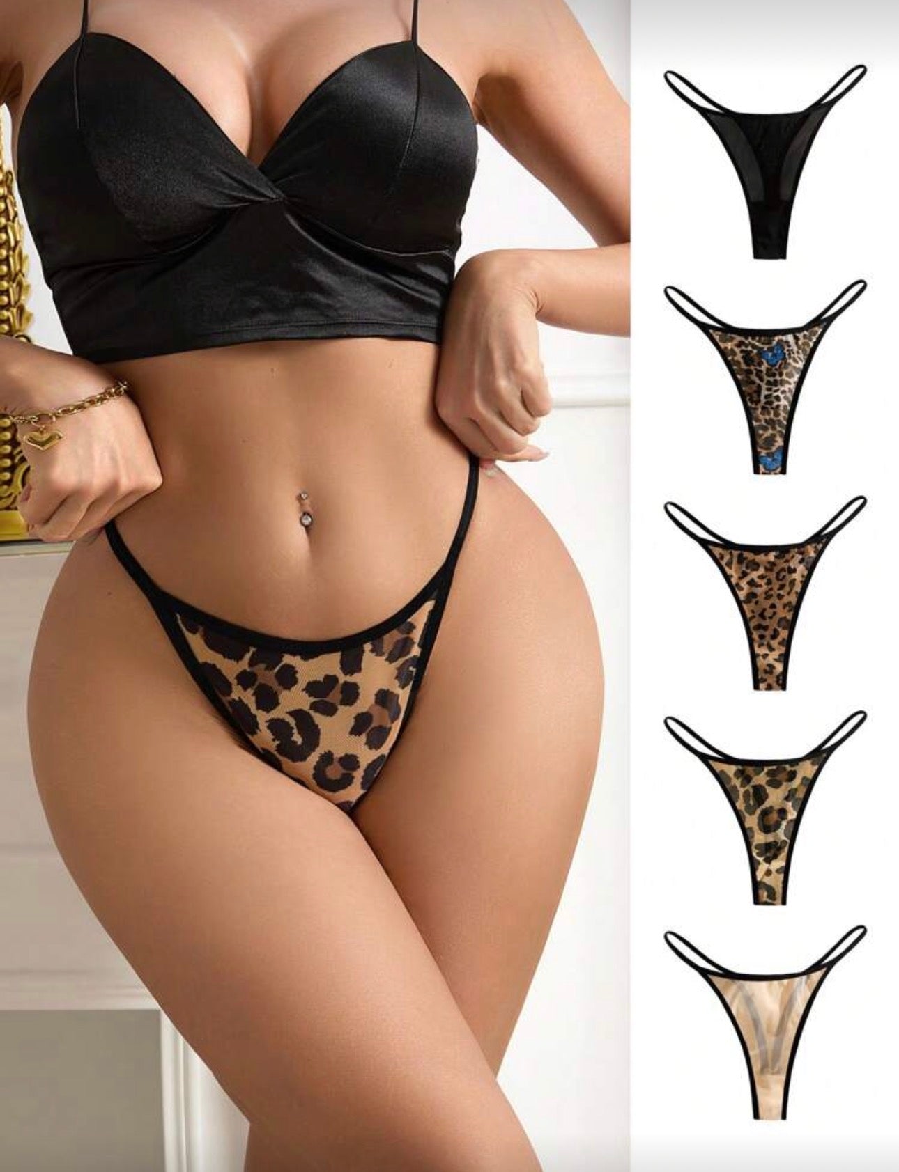 Set de 5 piezas de tangas con estampado de leopardo de cintura baja y diseño sexy