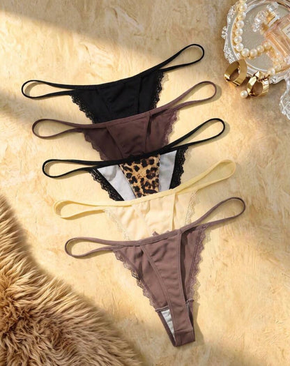 Set de 5 piezas de bragas tipo tanga con estampado de leopardo y parches de encaje con moño para mujer