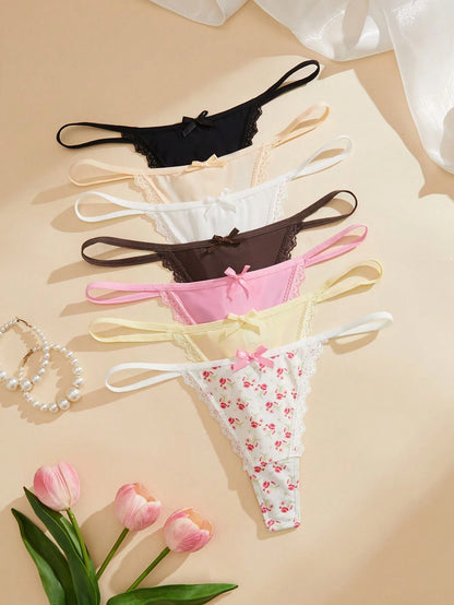 7 piezas/Set Bragas tipo tanga con patchwork de encaje para mujer
