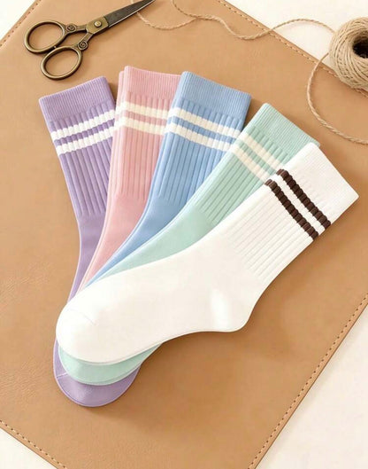 5 pares de calcetines medianos de mujer con doble barra, calcetines cómodos, casuales y versátiles para todas las estaciones.