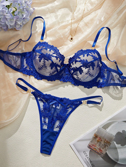 Set de 2 piezas de lencería romántica y seductora con bordado azul para mujer