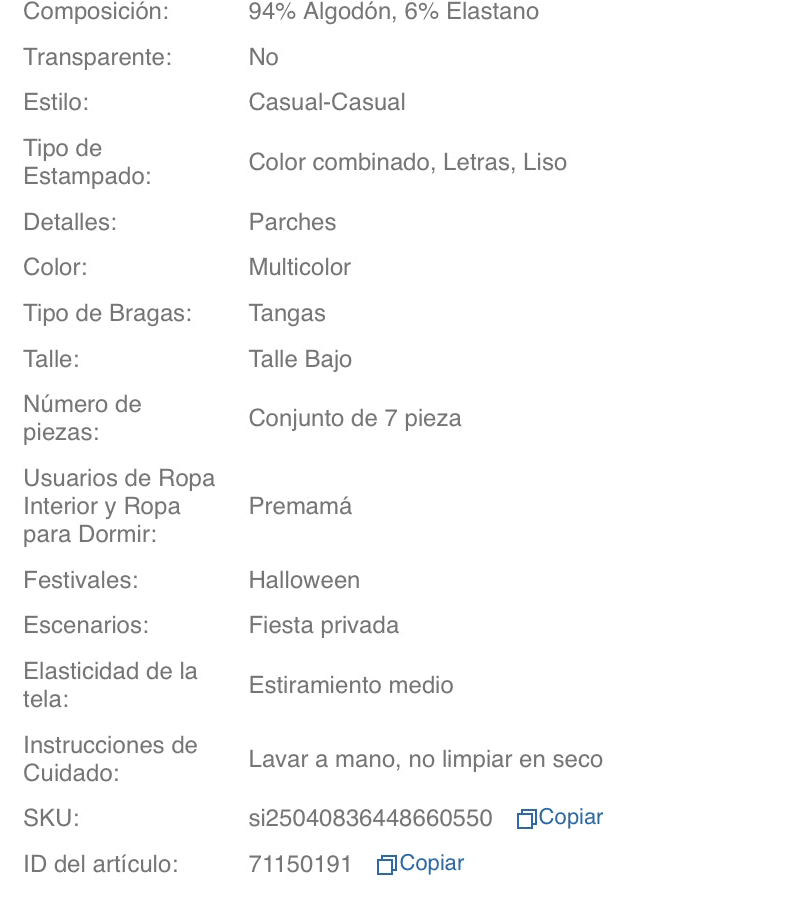 Set de 7 piezas de ropa interior sin costuras (tanga) algodón