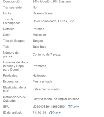 Set de 7 piezas de ropa interior sin costuras (tanga) algodón