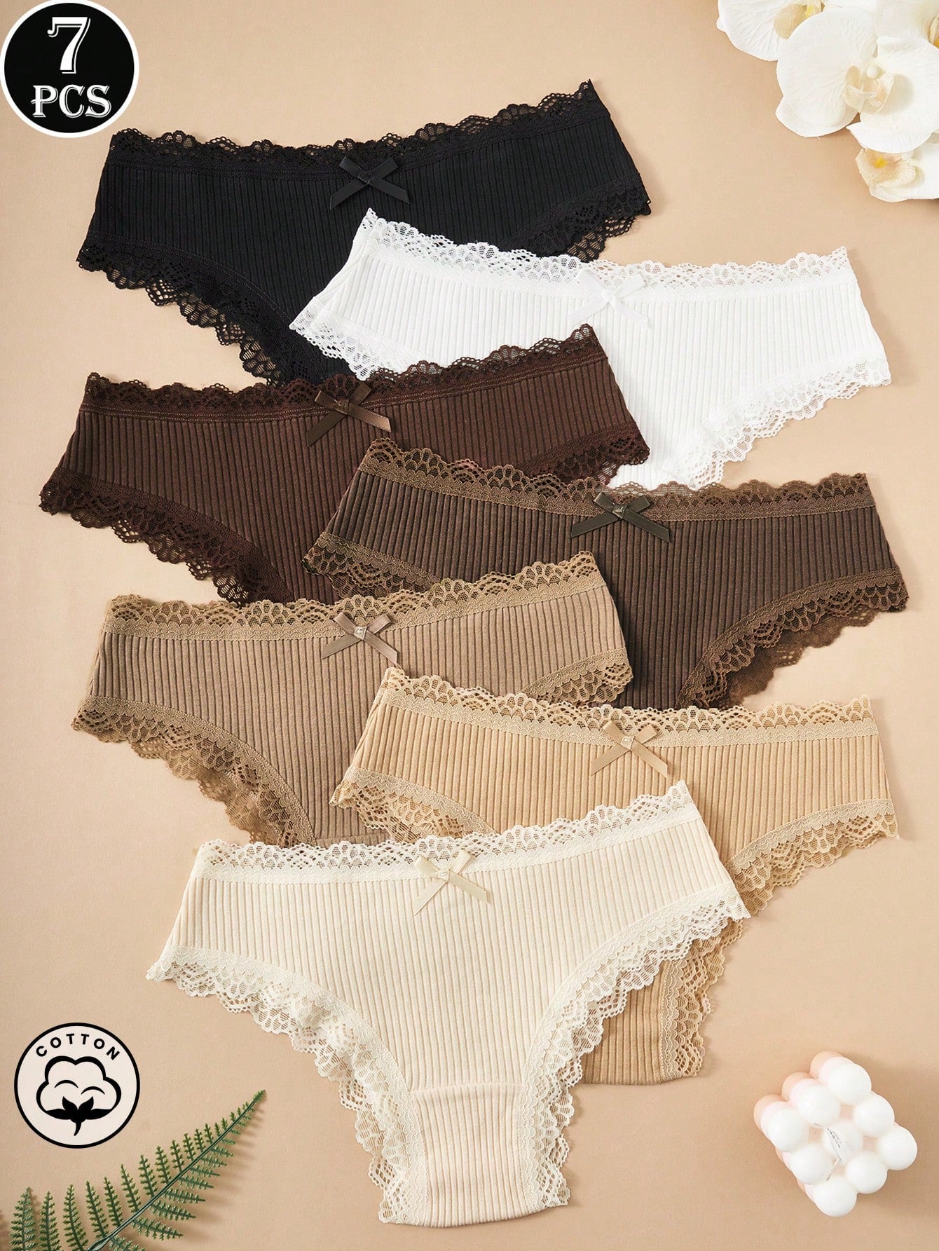 Paquete de 7 bragas de algodón 100% con encaje de contraste floral para mujer