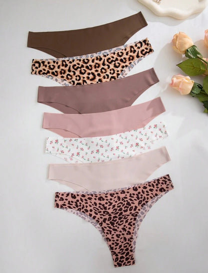 Set de 7 piezas de Bragas tipo bikini de tiro bajo sin costuras con estampado de leopardo y floral, cómodas para mujer