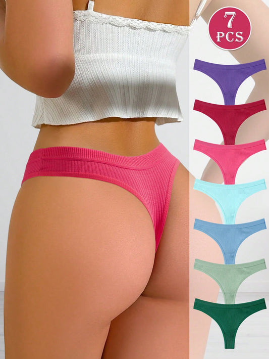 Set de 7 piezas/paquete de bragas de mujer minimalistas y cómodas de unicolor con costillas y diseño sexy en multicolor