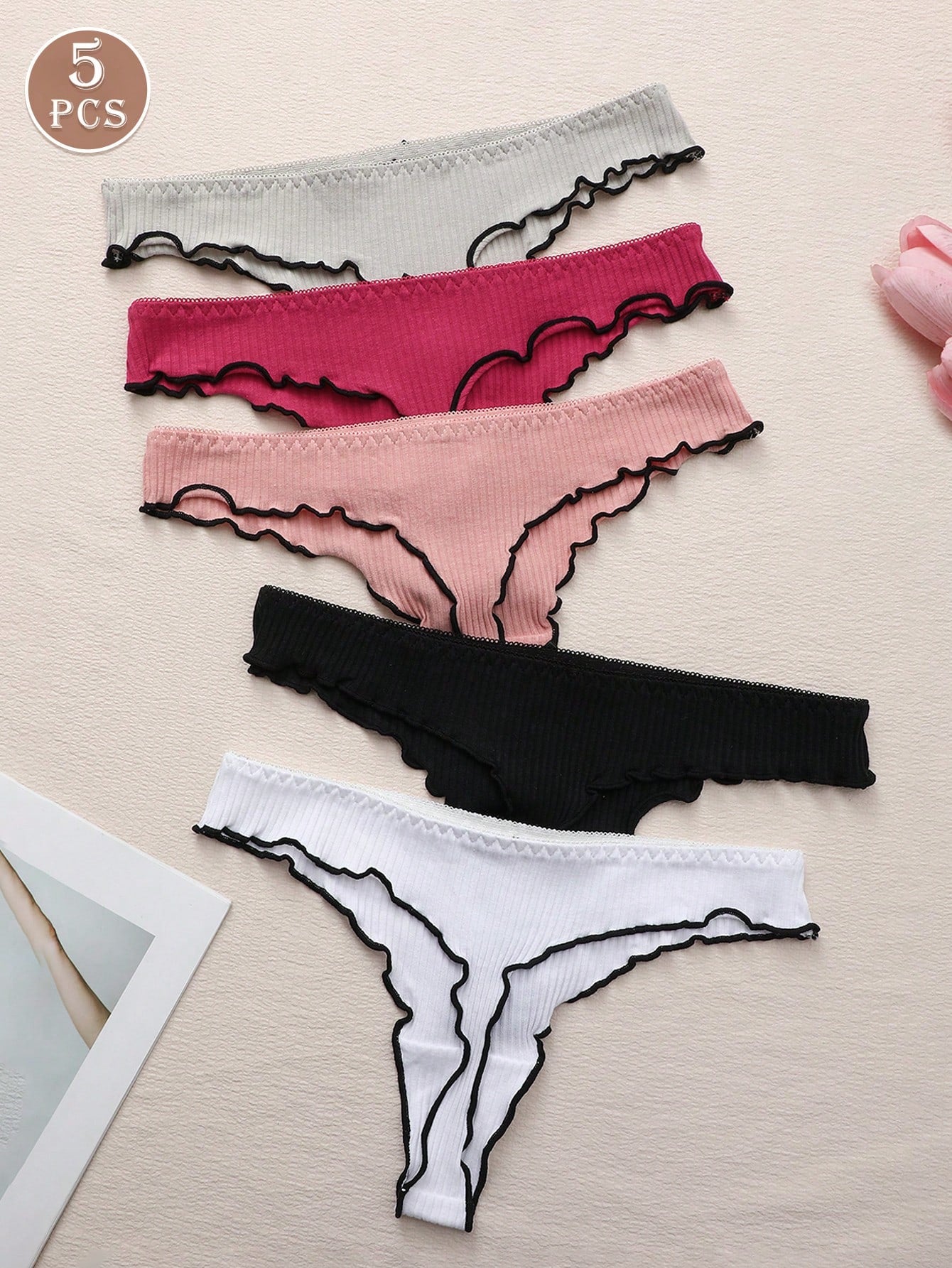 Paquete de 5 bragas tipo tanga de mujer con lazo y rayas de cintura baja, ropa interior elástica suave y cómoda, uso diario de moda