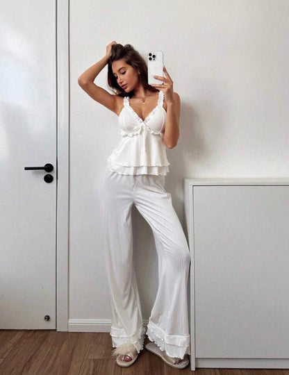 Conjunto de pijama sin tirantes con diseño de volantes y pantalones - Conjunto de pijama con volantes