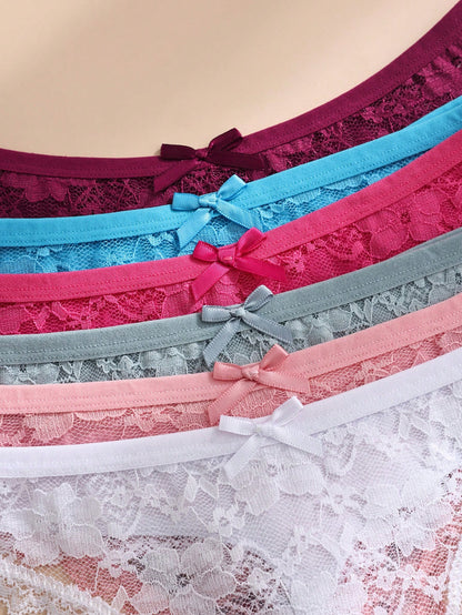 6 piezas/paquete Tanga de mujer con parche de encaje y lazo de unicolor, lencería sexy y cómoda con estiramiento