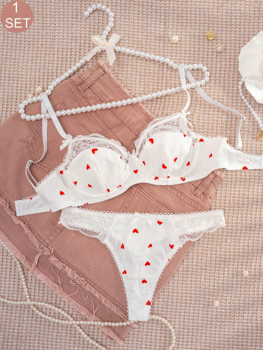 1 Set de Sujetador y Ropa Interior de Mujer con Estampado de Corazones Blancos y Adornos de Encaje